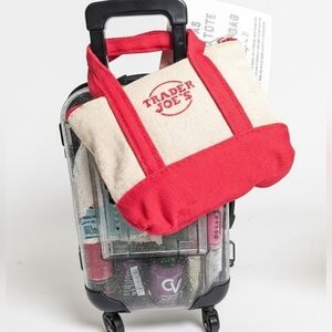 Nwt Trader Joe's Micro Zip Red Tote + Clear Glitter Rolling Suitcase Luggage Set